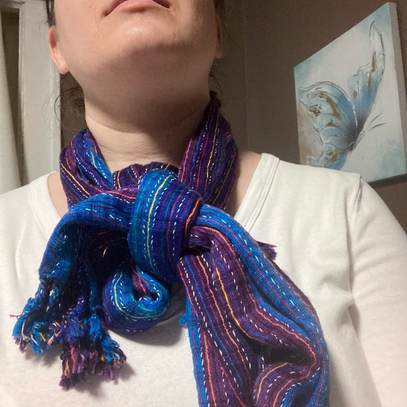Blue and purple cotton scarf with tassels, artisan, boutique, light-weight, boho - Picture 4 of 6